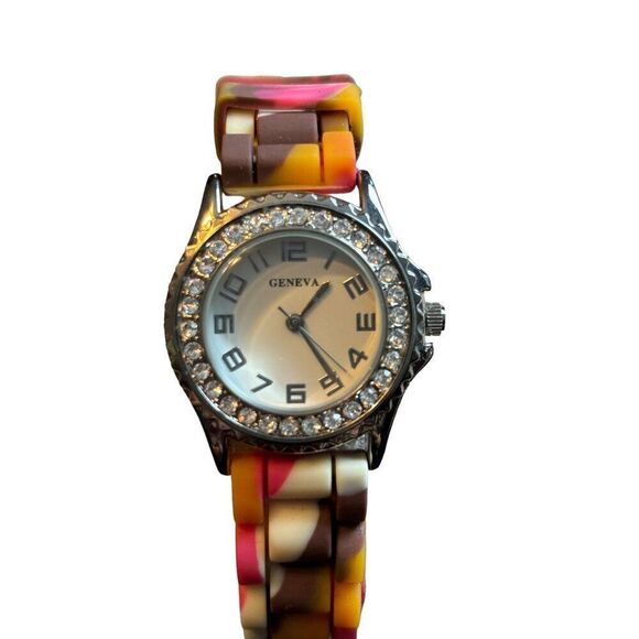 Geneva Women's Watch With Rhinestone Bezel & Multicolor Silicone Strap Water Res - Picture 3 of 13